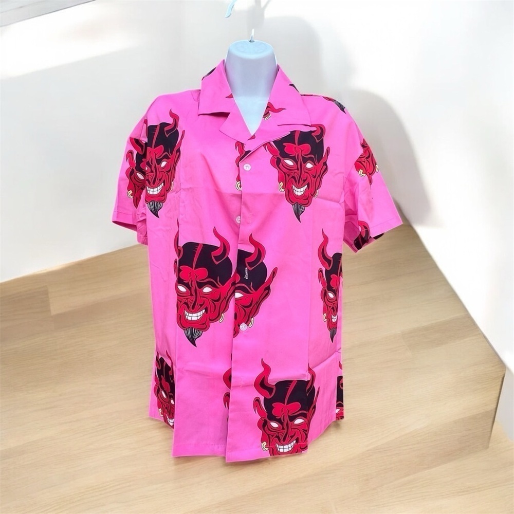 Men’s Y2K Devil Print Cuban Collar Shirt – Pink & Red – Size Small – NWOT
